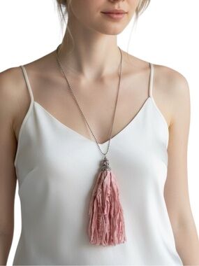 Hand Crafted Pink India Silk Tassel Pendant Necklace NWT Boho Chic